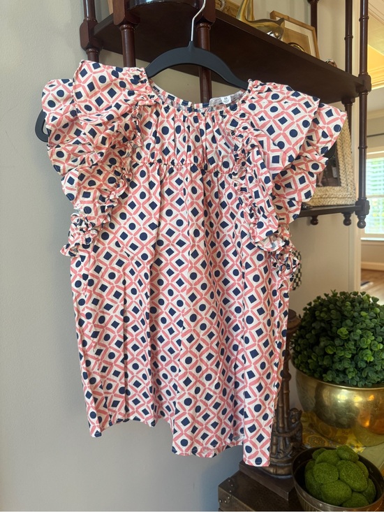 THML Tops - THML Geometric Print Ruffle Sleeve Blouse - Pink & Navy